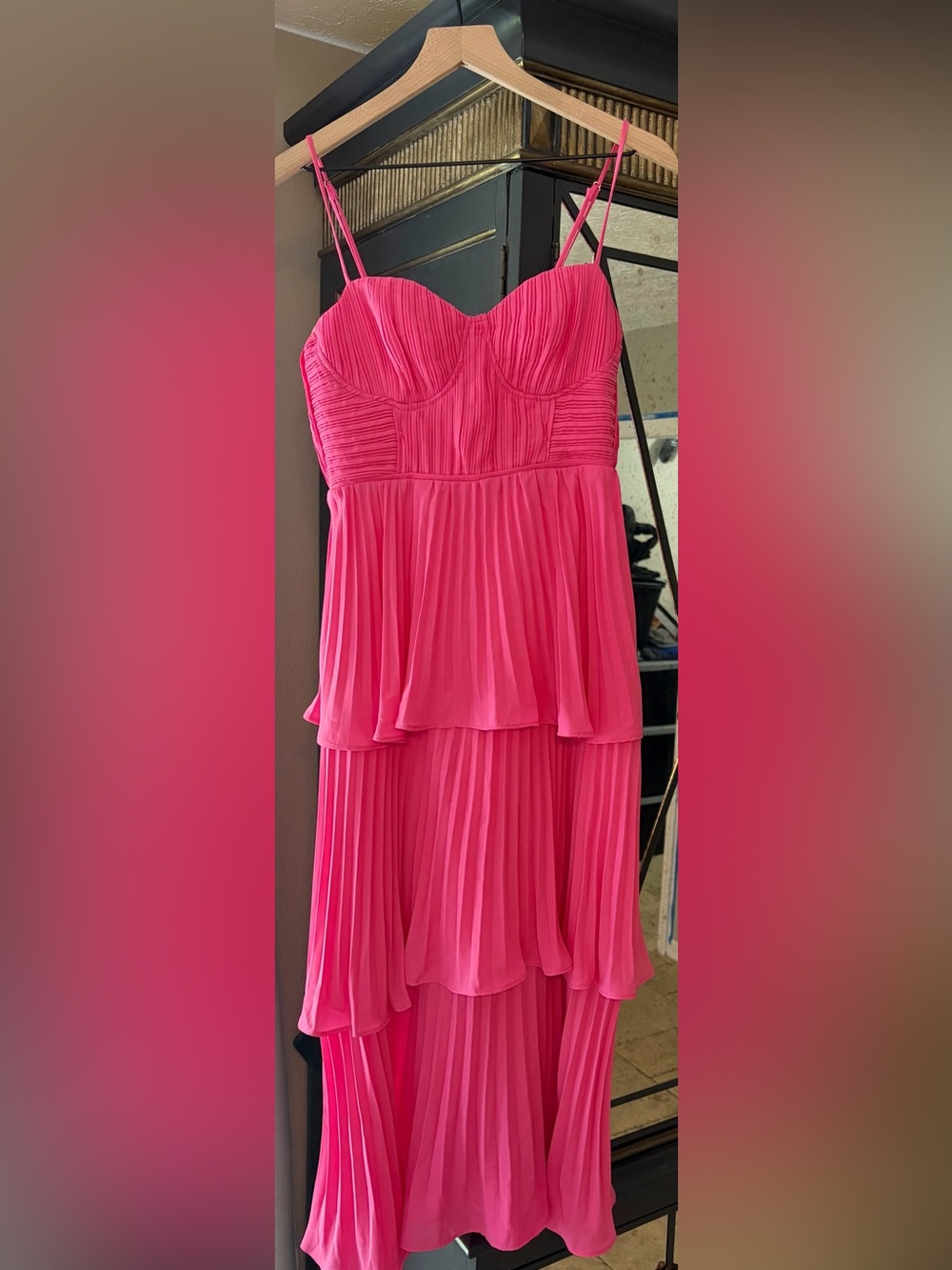 Lulu's Hot Pink Pleated High-Low Spaghetti Strap Dress